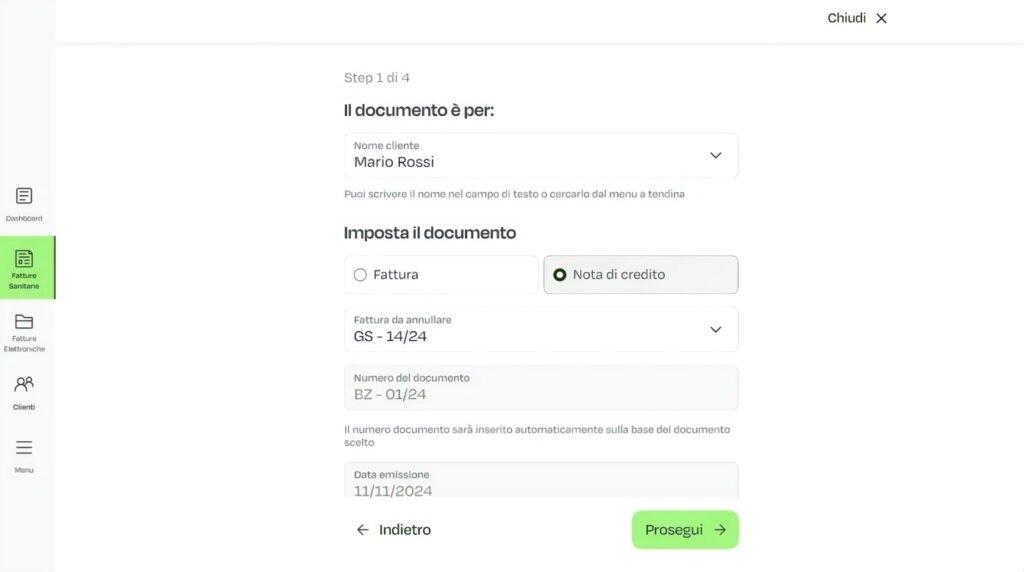 esempio di nota di credito su Gesto